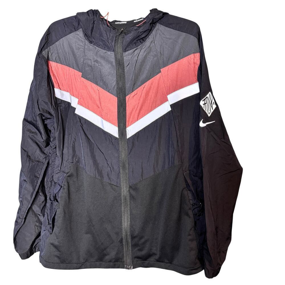 Nike Running Windbreaker Jacket Mens Large Black Burgundy Lightweight Hooded Zip